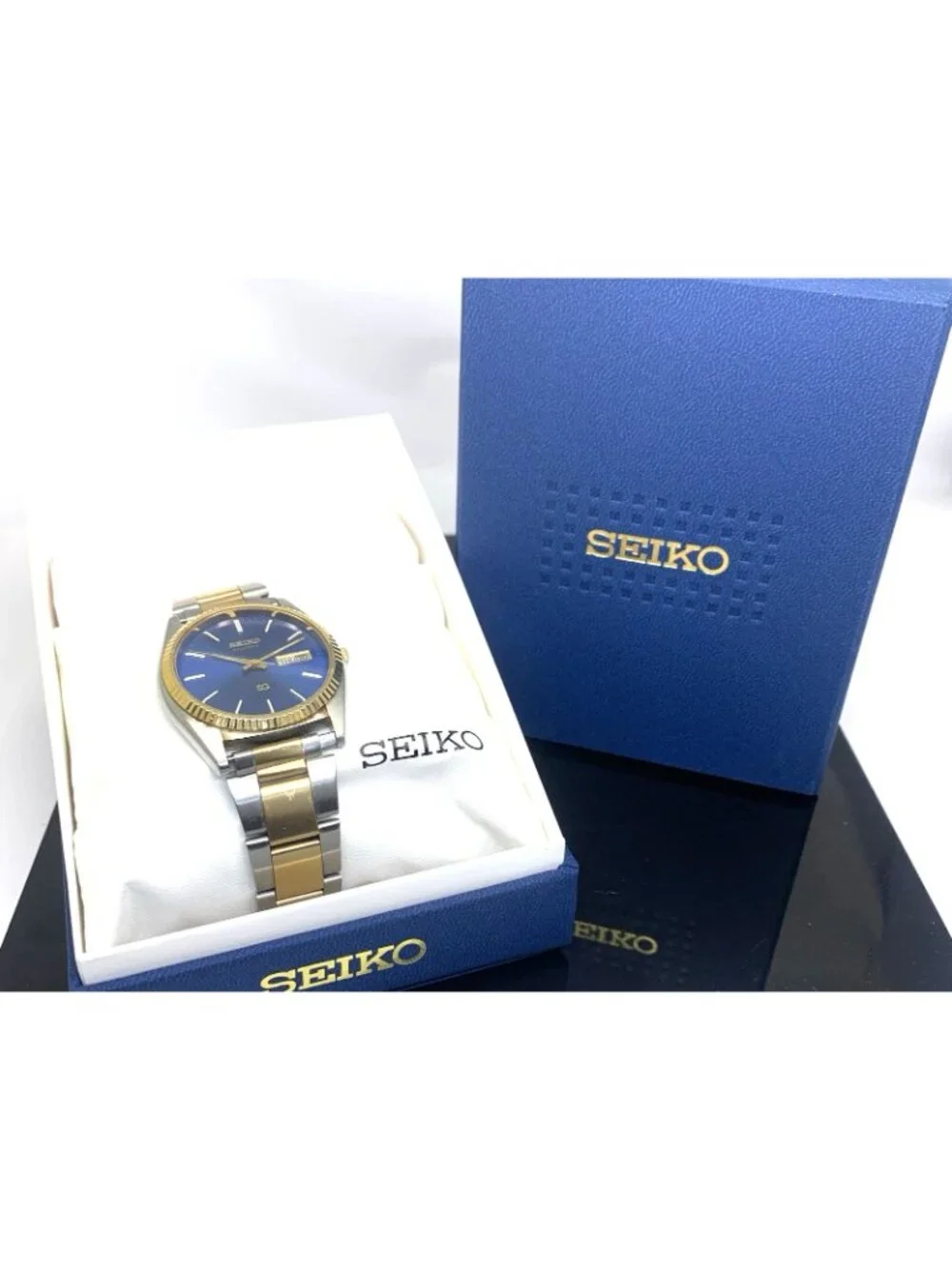 Seiko SQ Men's Watch 5Y23-8A69 Vintage Quartz Blue Dial Day Date Steel 36mm